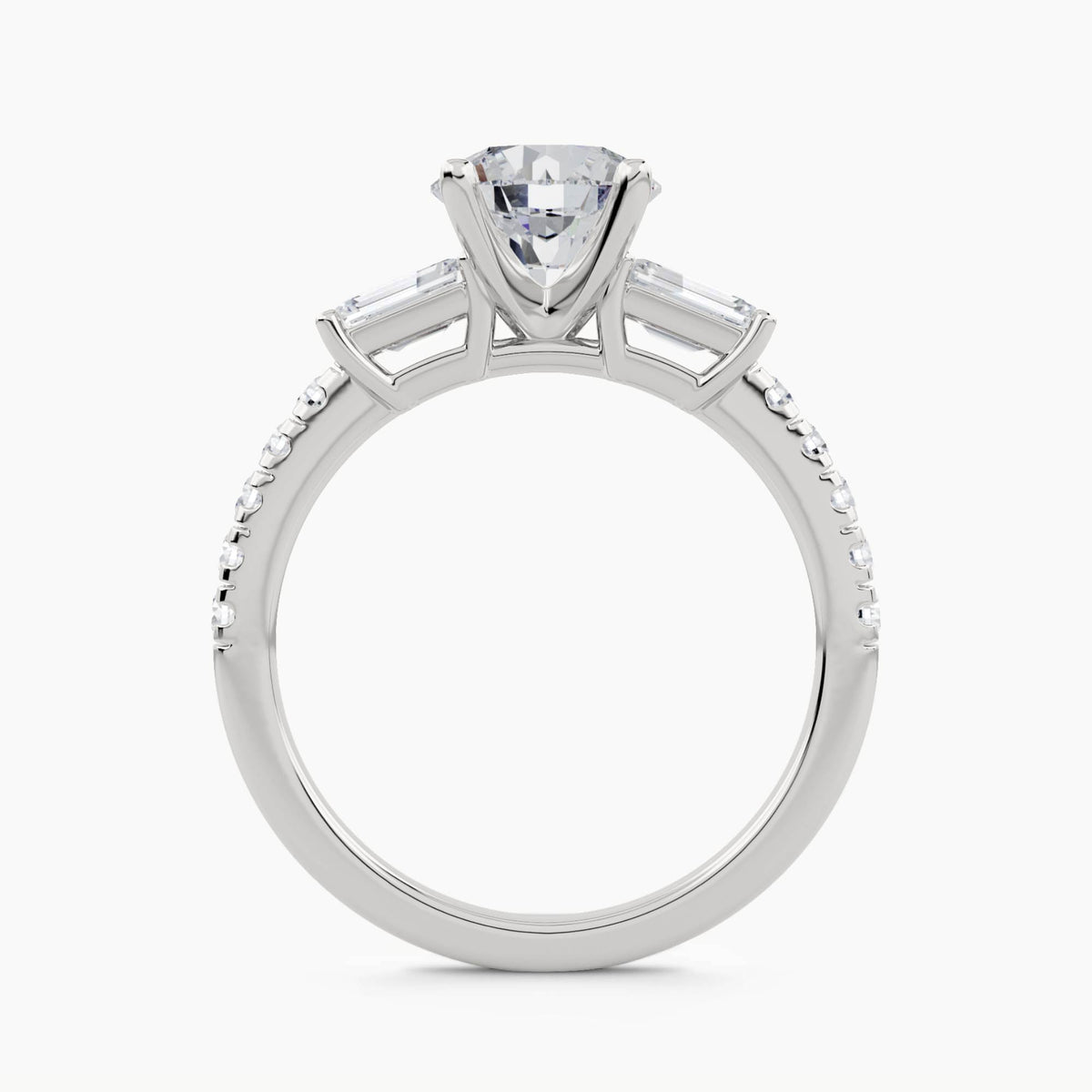 Three-Stone With Emerald-Cut Side Stones And Pavé Shank, front view