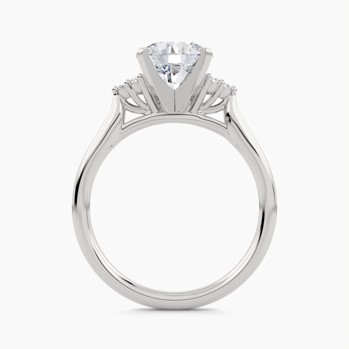 Solitaire With 3 Round Stones On Each Shoulder And Box Claws, front view