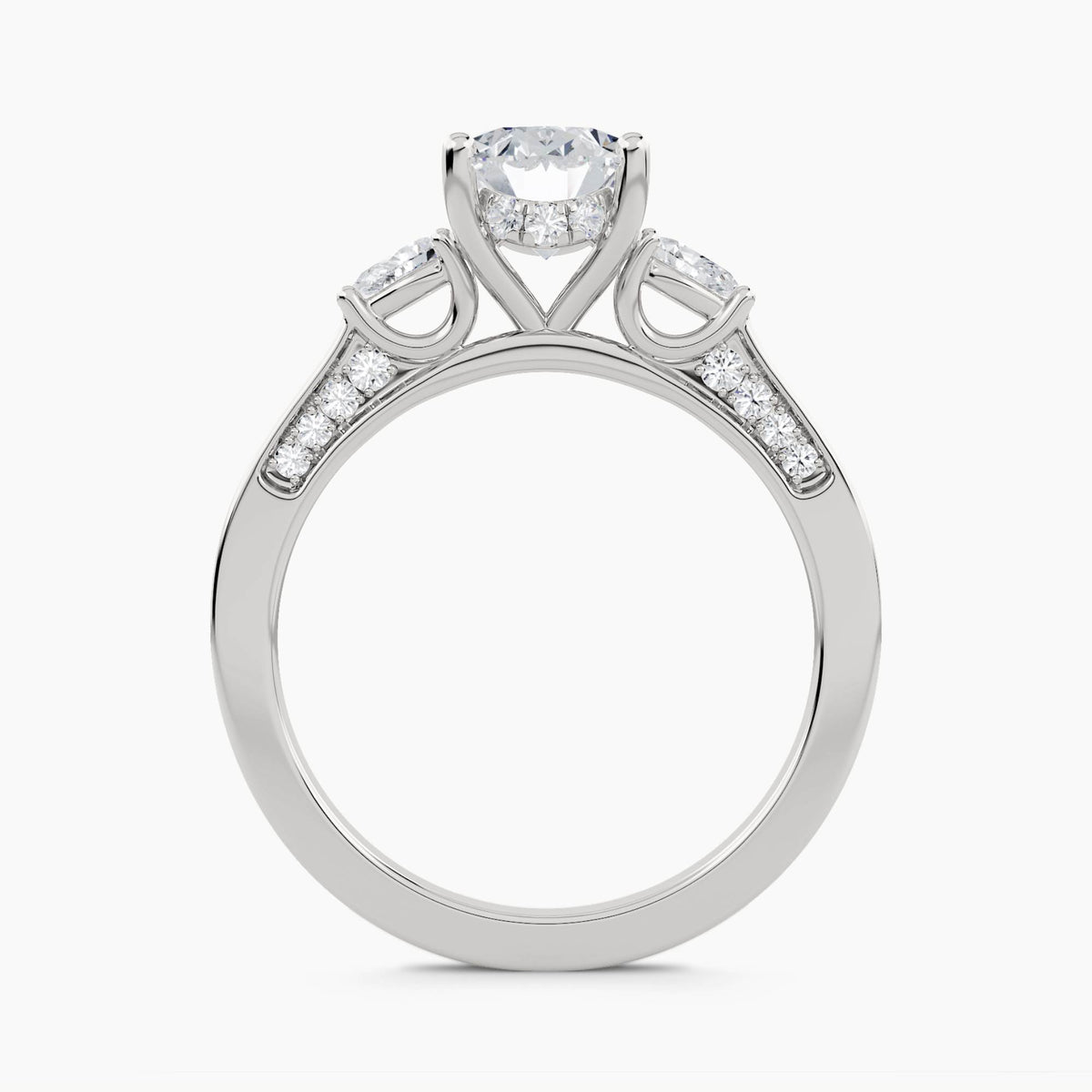 Three-Stone With Pear Side Stones And Pavé Shoulders, front view