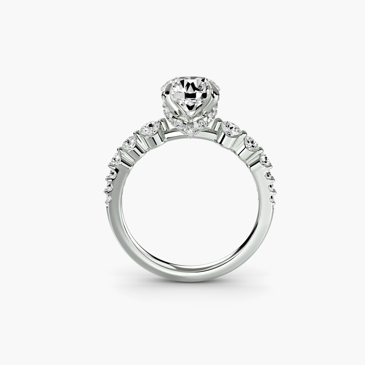 Solitaire With Round Accents And Pavé Shank, front view