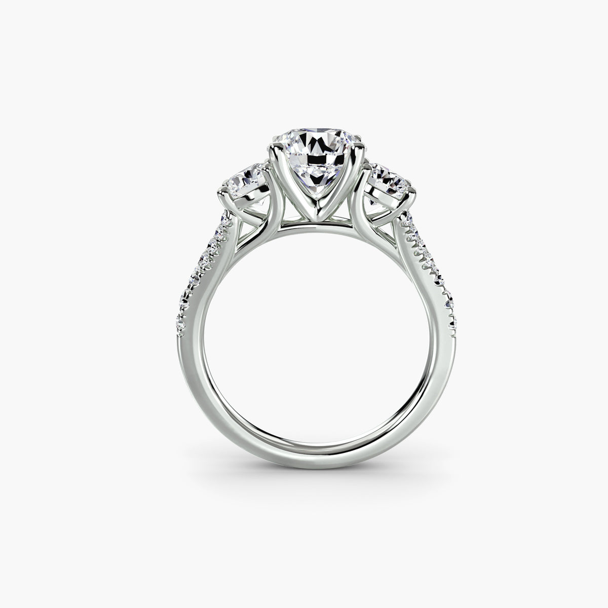 Three-Stone With Round Side Stones And Wide Pavé Shoulders, front view