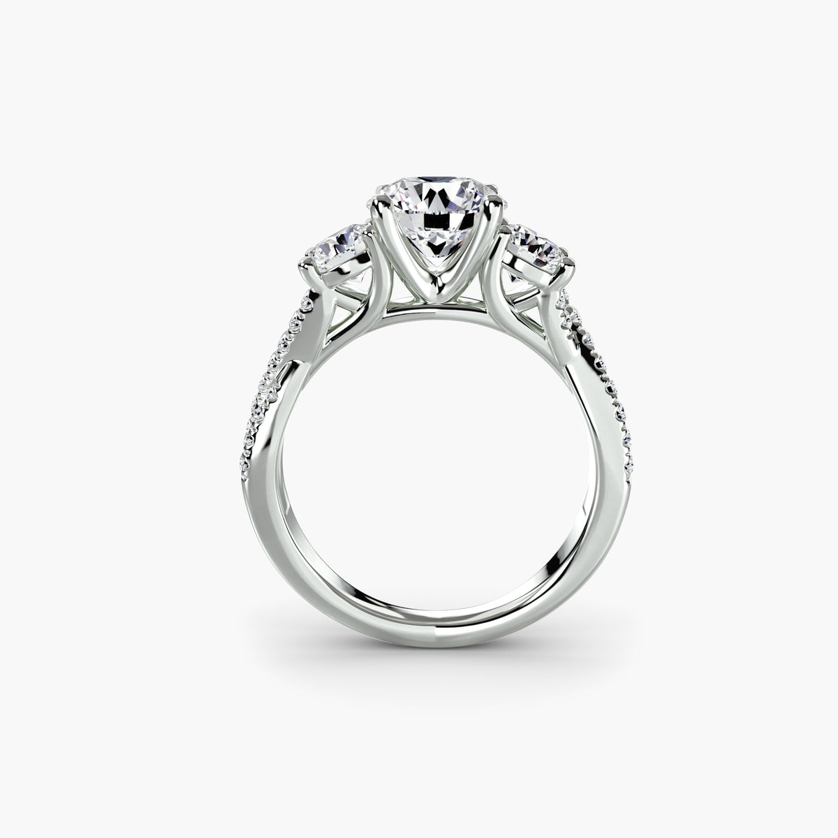 Three-Stone With Round Side Stones And Crossover Pavé Shank, front view