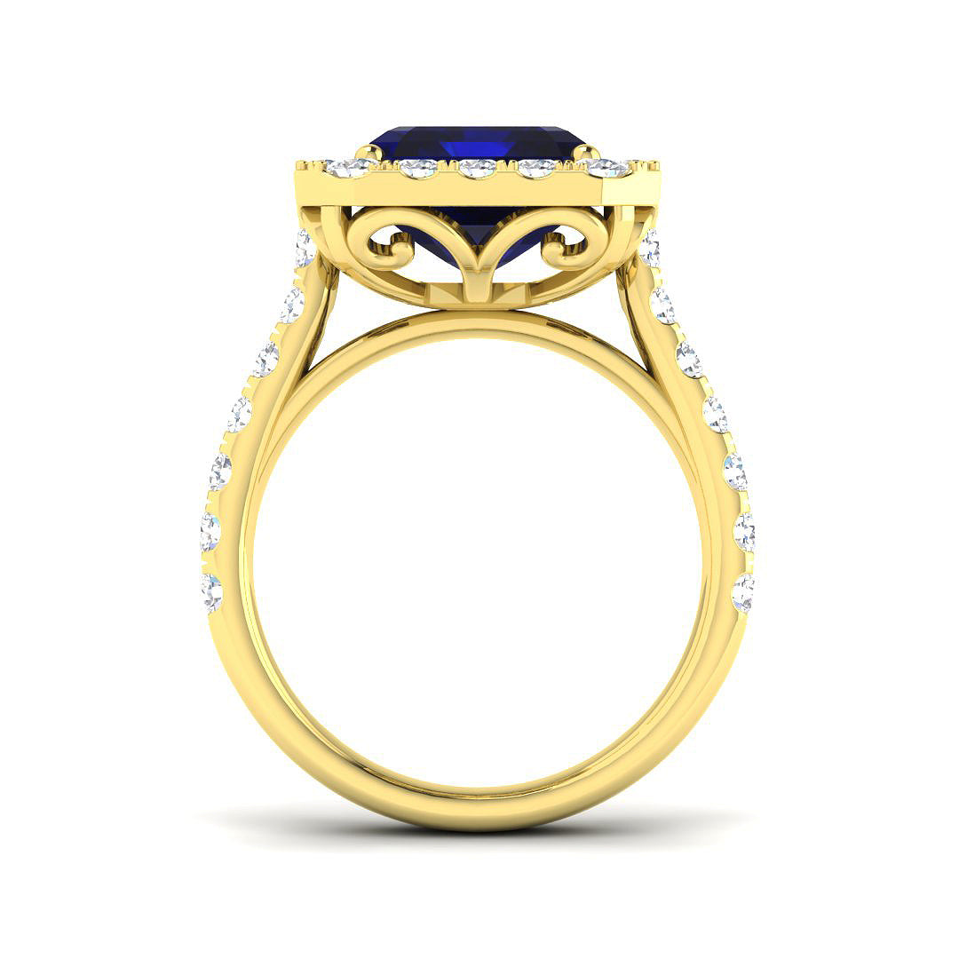 9ct Yellow Gold 7.29ct Laboratory Grown Lab Blue Sapphire Ring