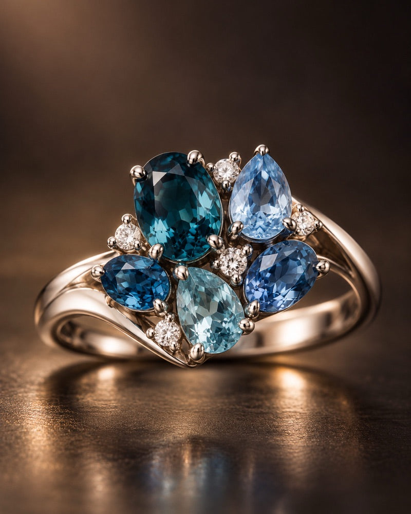 AI-generated concept: asymmetric sapphire cluster ring in white gold