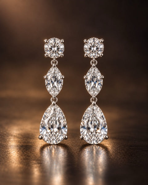 AI-generated concept: tiered pear-cut diamond drop earrings in platinum