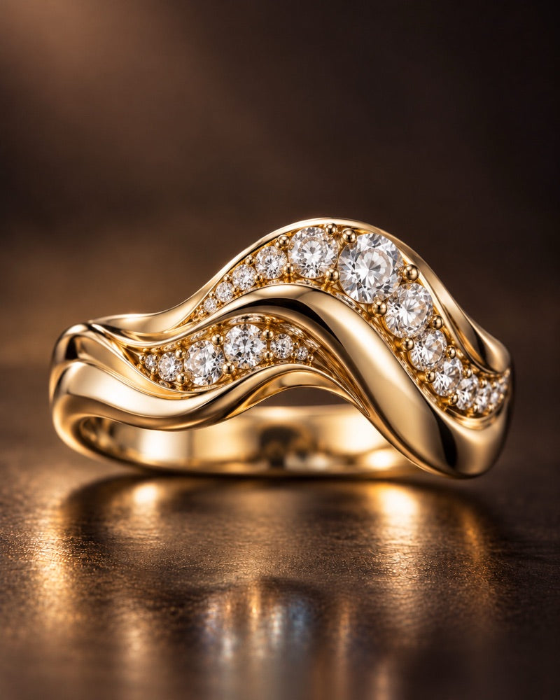 AI-generated concept: yellow gold wave band ring with diamonds