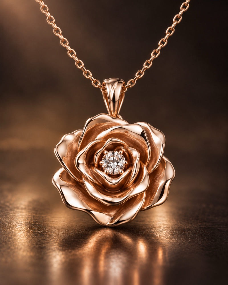 AI-generated concept: rose gold sculpted rose pendant necklace