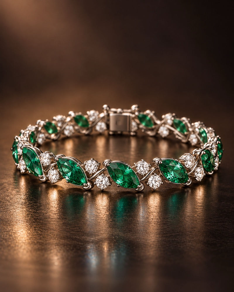 AI-generated concept: emerald and diamond leaf line bracelet
