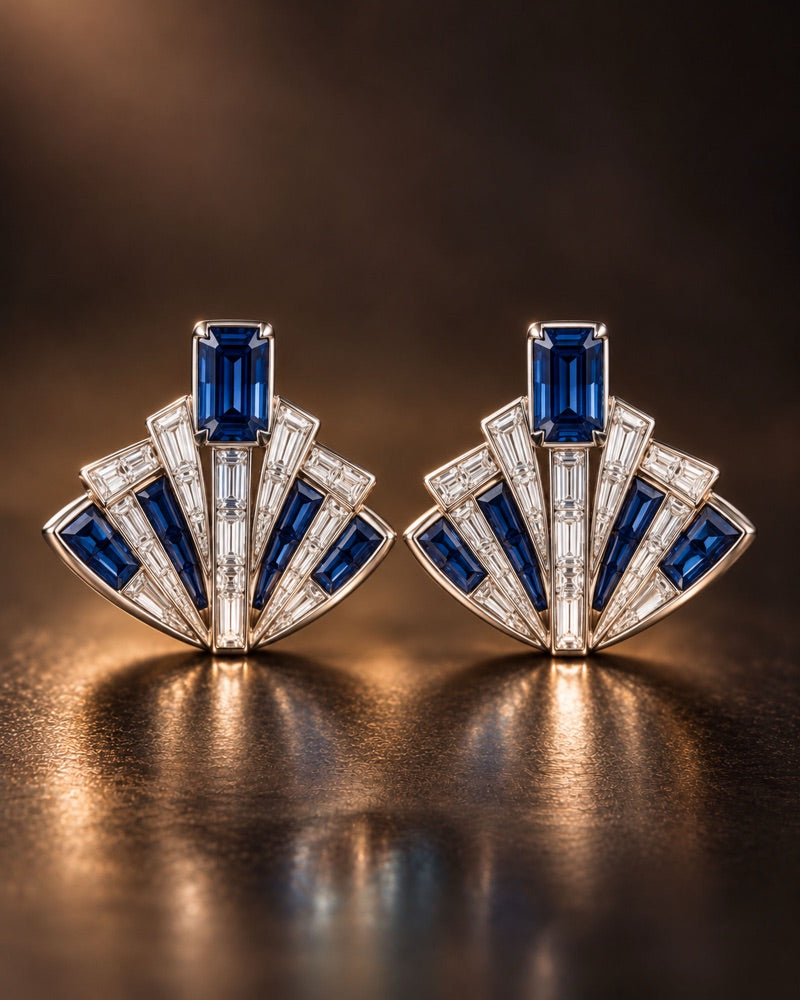 AI-generated concept: art deco fan earrings with baguette diamonds and sapphires